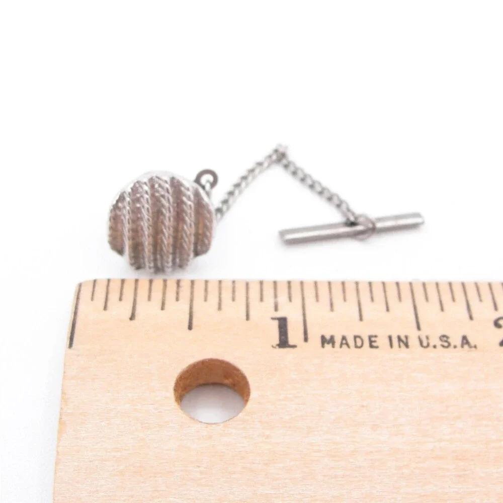 Vintage Silver Tone Round Textured Ribbed Cable Rope Dome Tie Tack Chain T-Bar